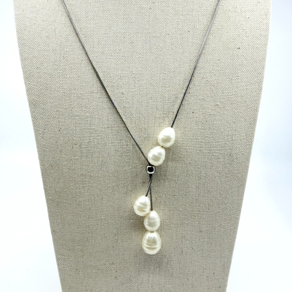 Chico's Vintage Silver Tone Faux Baroque Pearl Lariat Y-Necklace 80s